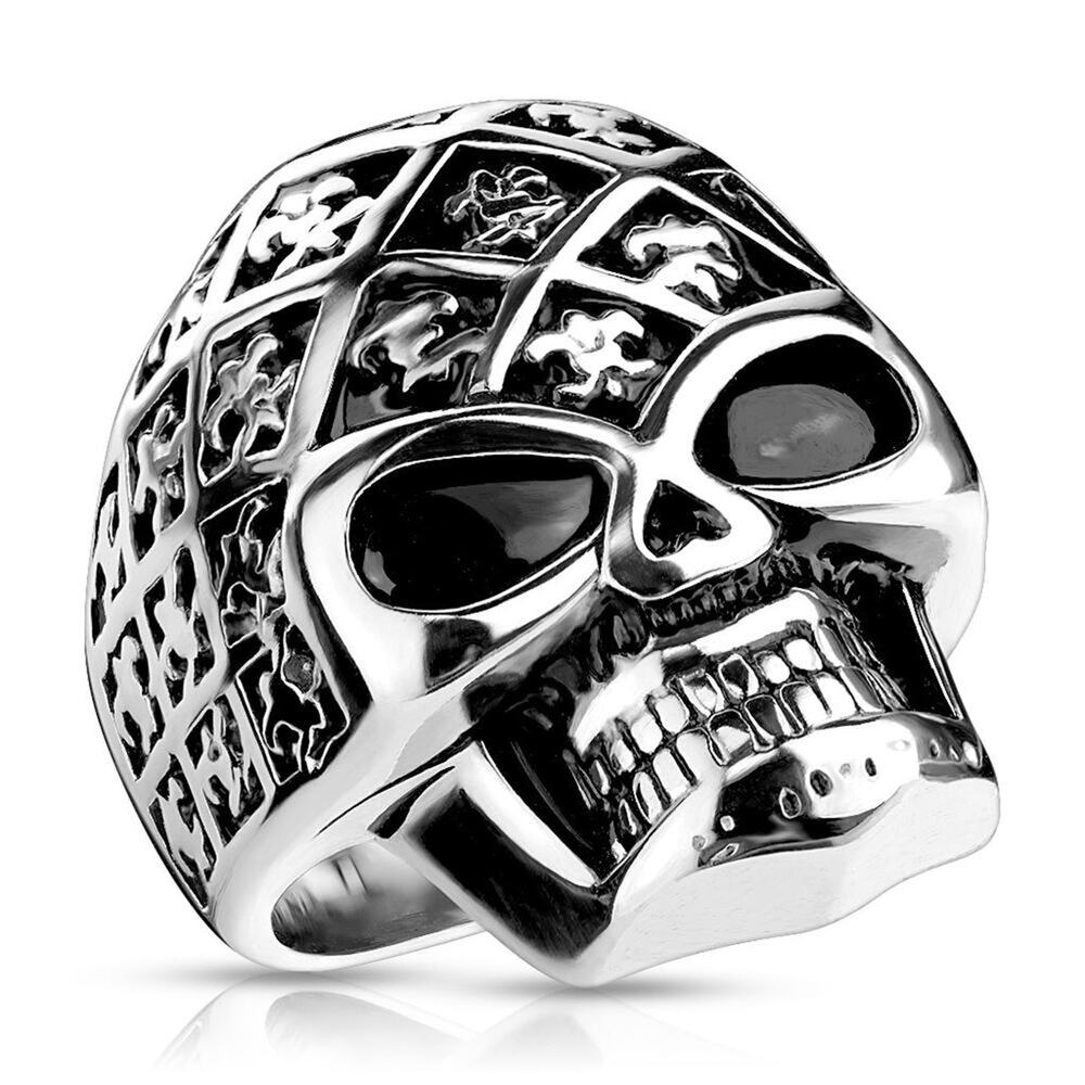 Fleur De Lis Pattern Decorated Skull Wide Cast Ring Stainless Steel size 12